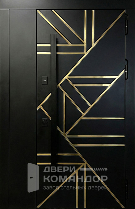 Металлическая дверь чёрная с латунными вставками арт-деко для квартиры №97