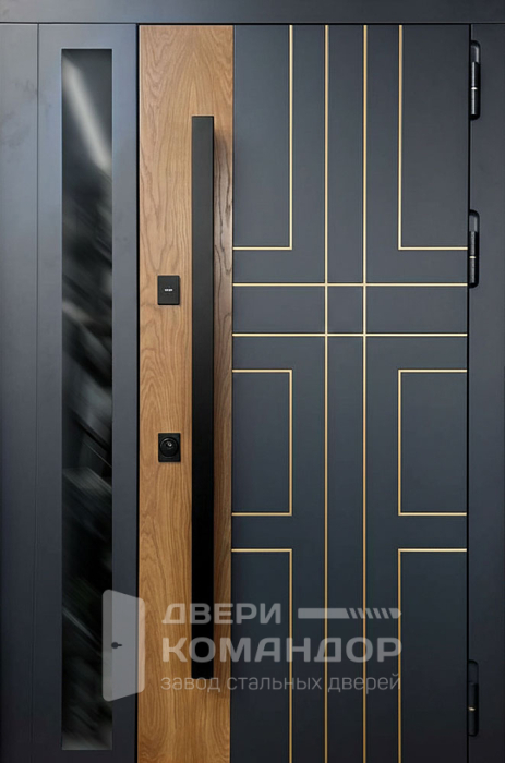 Металлическая дверь графит с золотой геометрией и боковой вставкой стекла №65