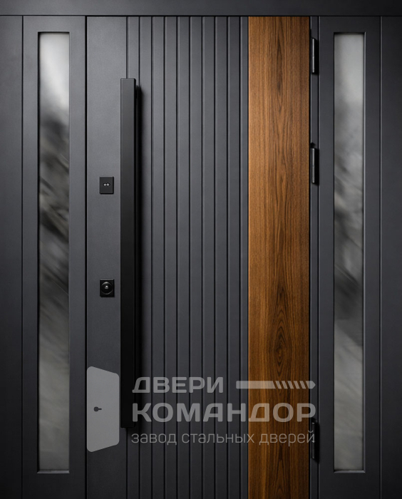 Железная дверь антрацит с рифлением, деревянной вставкой, для частного дома №58