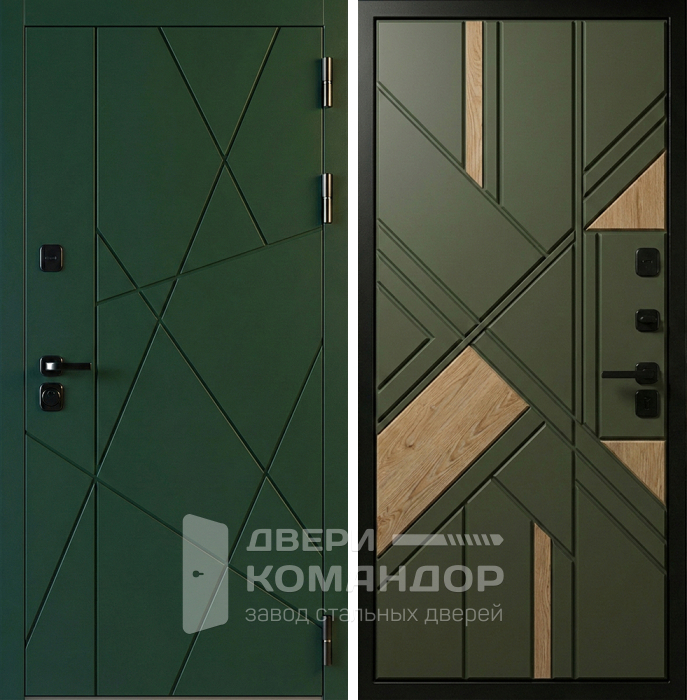 Металлическая зелёная дверь с древесными вставками лофт №262