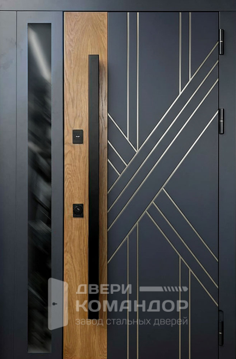 Стальная дверь антрацит с диагональной накладкой и боковым остеклением №66