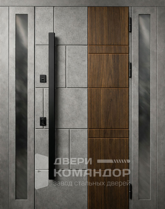 Металлическая дверь под бетон с вставкой орех и боковым остеклением №51