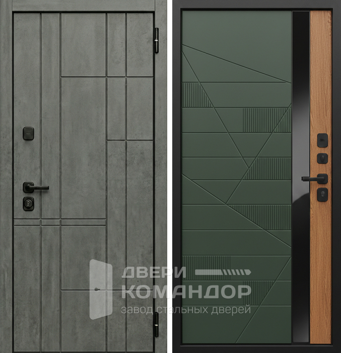 Входная дверь бетон с зелёной панелью для квартиры №258